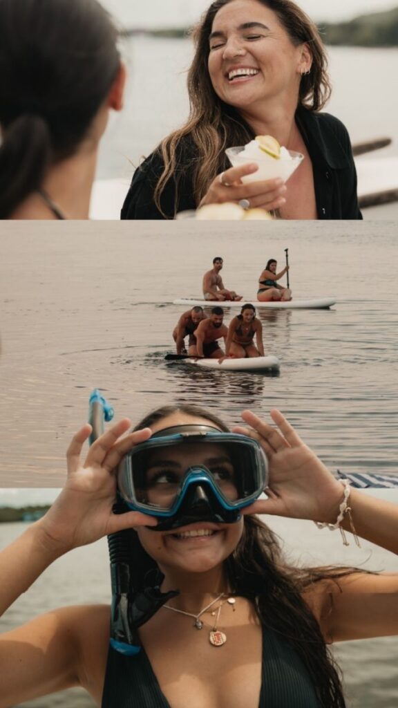 A collage of guests smilling wearing Snorkeling googles, playing around on paddleboard and guest drinking margaritha cocktail during a catamaran cruise in Nusa Lembongan.